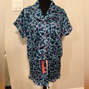 Simply Southern Navy Floral Satin Pajama Set with Pink Accents Size L EUC